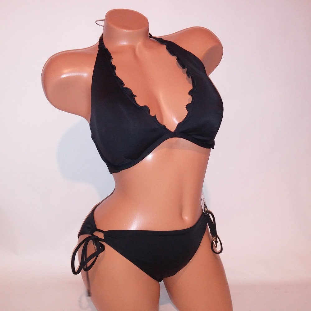 Victoria Secret Swim Bikini 36DD Top XL Bottom Padded Black Solid Scallop Trim